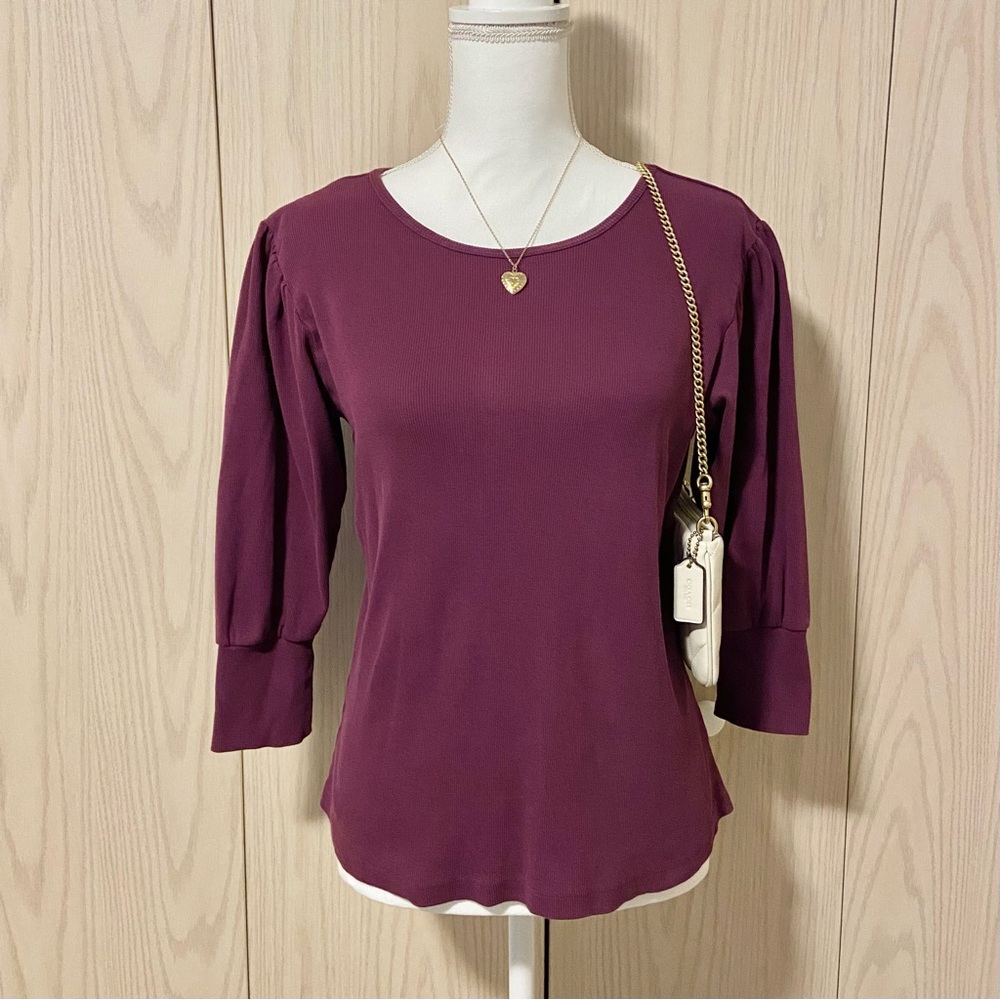 Kate Quinn Organic Cotton Blend Shirt Womens Small Puff Sleeve Purple Ribbed Top